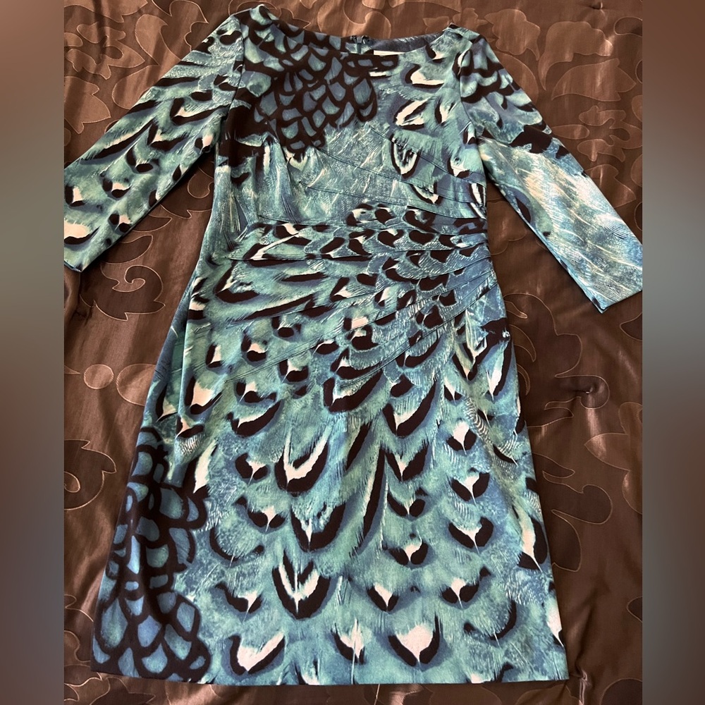 Jessica Simpson Peacock Teal Blue Feather Pattern Dress Knee Length Stretch 10